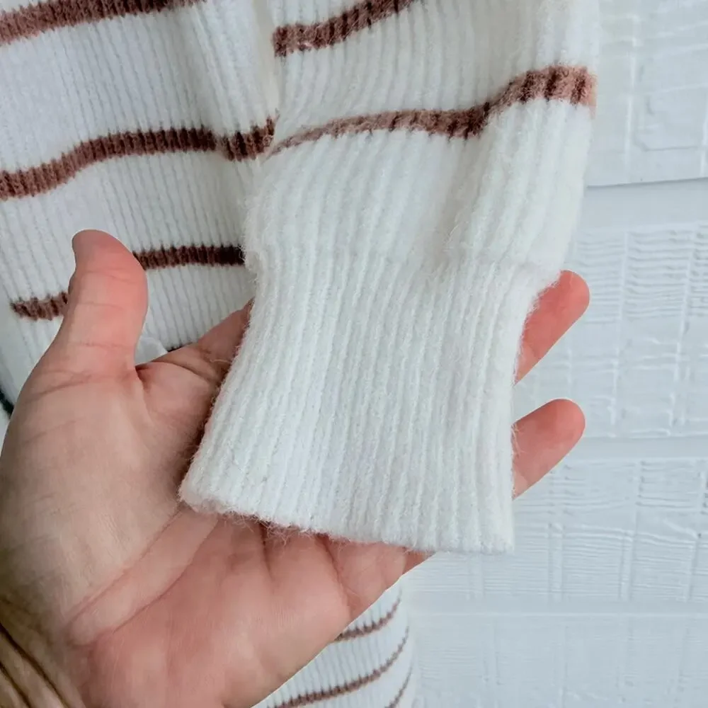 Blu Ivy Long Striped Cardigan Small Ivory Cozy Knit